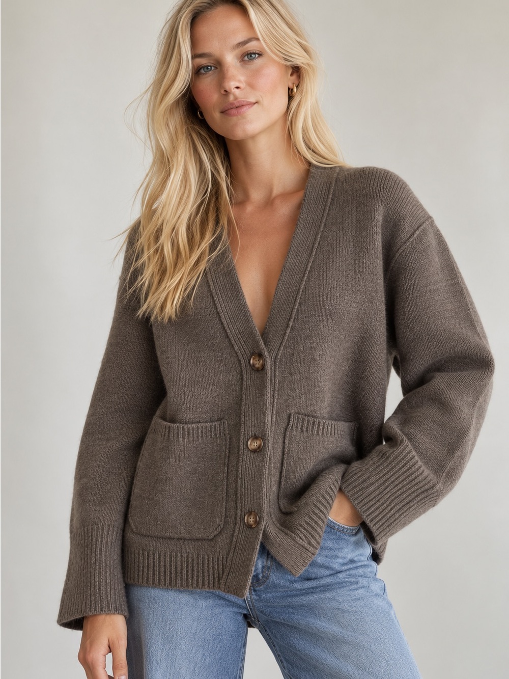 Heavyweight 2LB 100% Wool Cardigan Sweater Taupe Brown Oversized Sz Medium